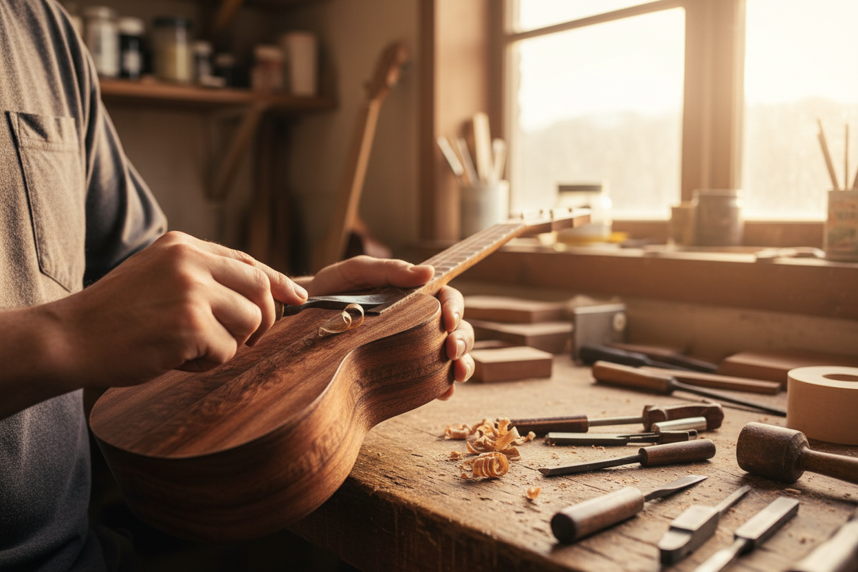 hand making a ukulele out of kokobloa wood